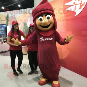 Maroon Spaghetti mascot costume character dressed with a Yoga Pants and Berets