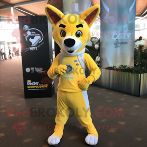 Lemon Yellow Dingo mascot costume character dressed with a Leggings and Headbands