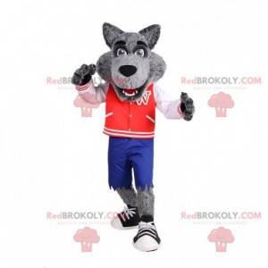 Mascota lobo gris muy realista con chaqueta y pantalones cortos