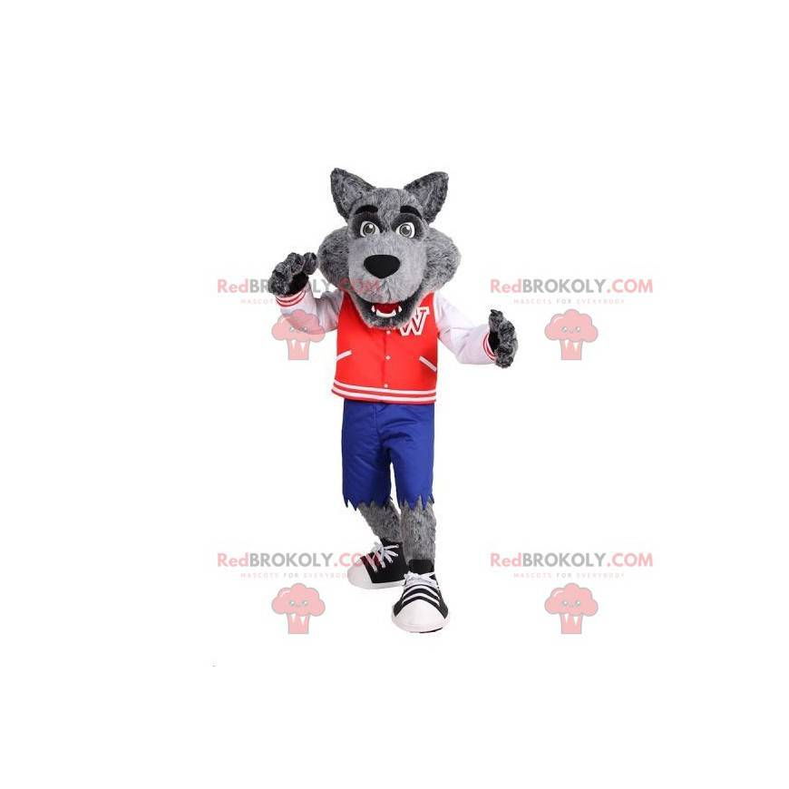Mascota lobo gris muy realista con chaqueta y pantalones cortos