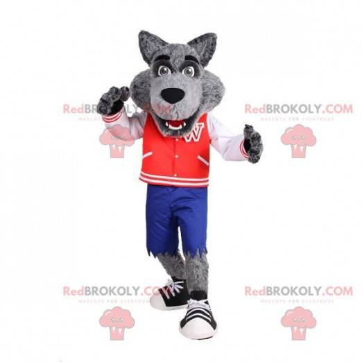 Mascotte de loup gris très réaliste avec un blouson et un short