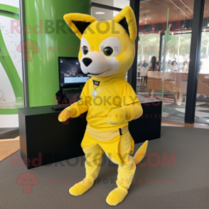 Lemon Yellow Dingo mascot costume character dressed with a Leggings and Headbands