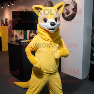 Lemon Yellow Dingo mascot costume character dressed with a Leggings and Headbands