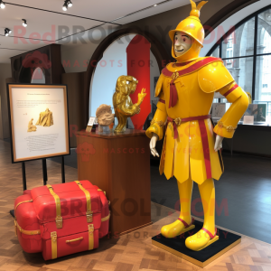 Gold Swiss Guard mascot costume character dressed with a Shift Dress and Messenger bags