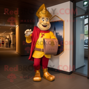 Gold Swiss Guard mascot costume character dressed with a Shift Dress and Messenger bags