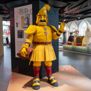 Gold Swiss Guard mascot costume character dressed with a Shift Dress and Messenger bags