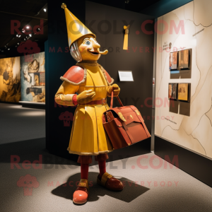 Gold Swiss Guard mascot costume character dressed with a Shift Dress and Messenger bags