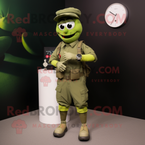 Olive Soldier mascot costume character dressed with a Capri Pants and Smartwatches