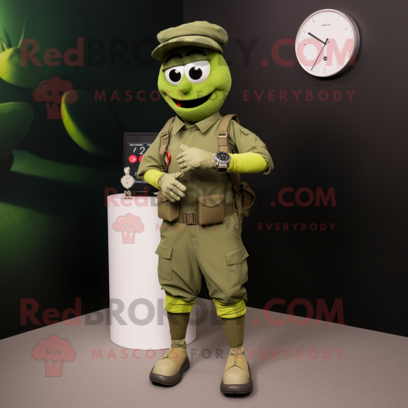 Olive Soldier mascot costume character dressed with a Capri Pants and Smartwatches Olive Soldier mascot costume character dressed with a Capri Pants and Smartwatches