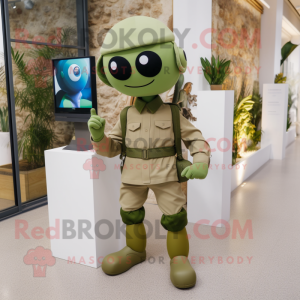 Olive Soldier mascot costume character dressed with a Capri Pants and Smartwatches