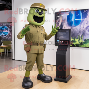 Olive Soldier mascot costume character dressed with a Capri Pants and Smartwatches