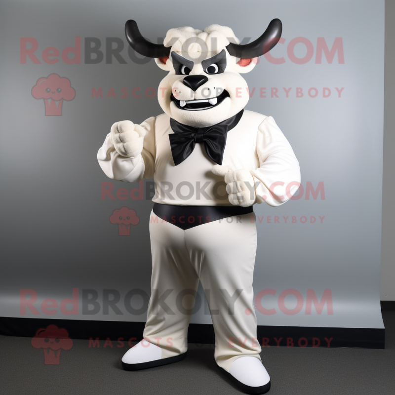 White Minotaur mascot costume character dressed with a Turtleneck and Bow ties