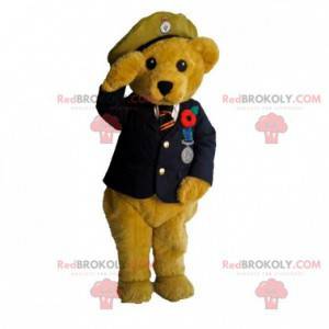 Mascote urso de pelúcia bege em uniforme militar -