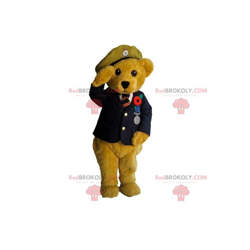 Mascote urso de pelúcia bege em uniforme militar -