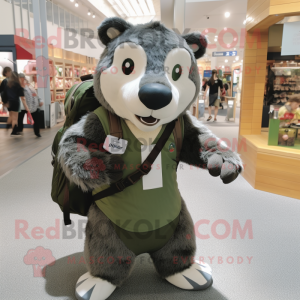 Olive Badger mascot costume character dressed with a Henley Shirt and Backpacks