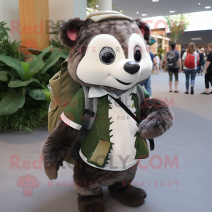 Olive Badger mascot costume character dressed with a Henley Shirt and Backpacks