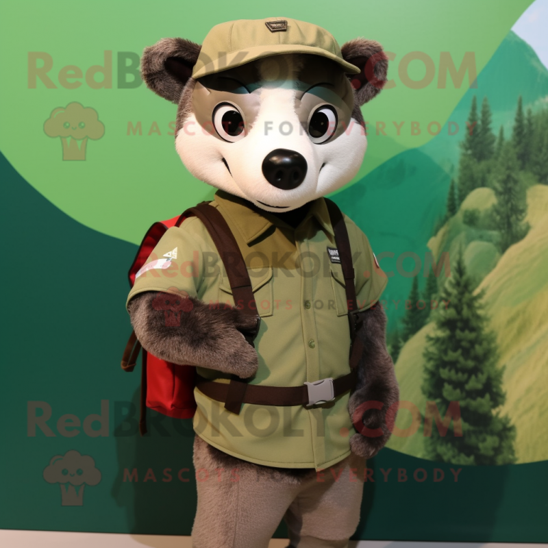 Olive Badger mascot costume character dressed with a Henley Shirt and Backpacks Olive Badger mascot costume character dressed with a Henley Shirt and Backpacks