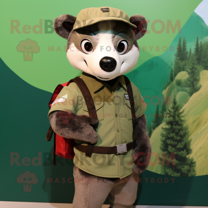 Olive Badger mascot costume character dressed with a Henley Shirt and Backpacks