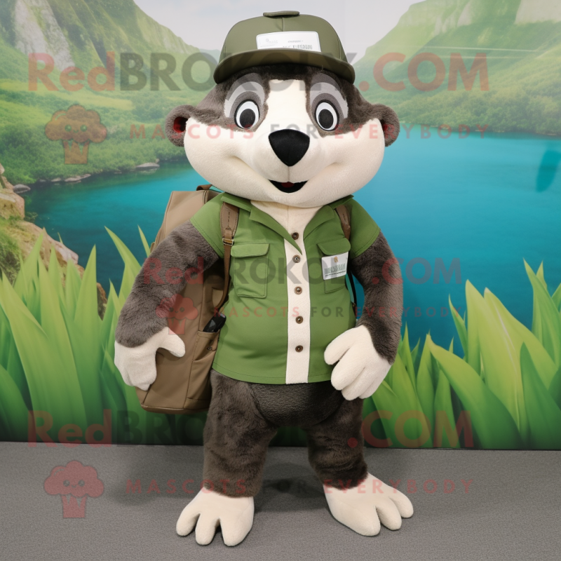 Olive Badger mascot costume character dressed with a Henley Shirt and Backpacks Olive Badger mascot costume character dressed with a Henley Shirt and Backpacks