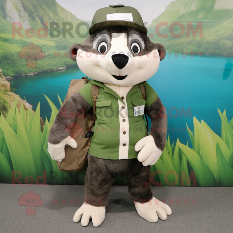 Olive Badger mascot costume character dressed with a Henley Shirt and Backpacks