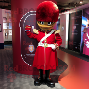 Maroon British Royal Guard mascot costume character dressed with a Circle Skirt and Earrings