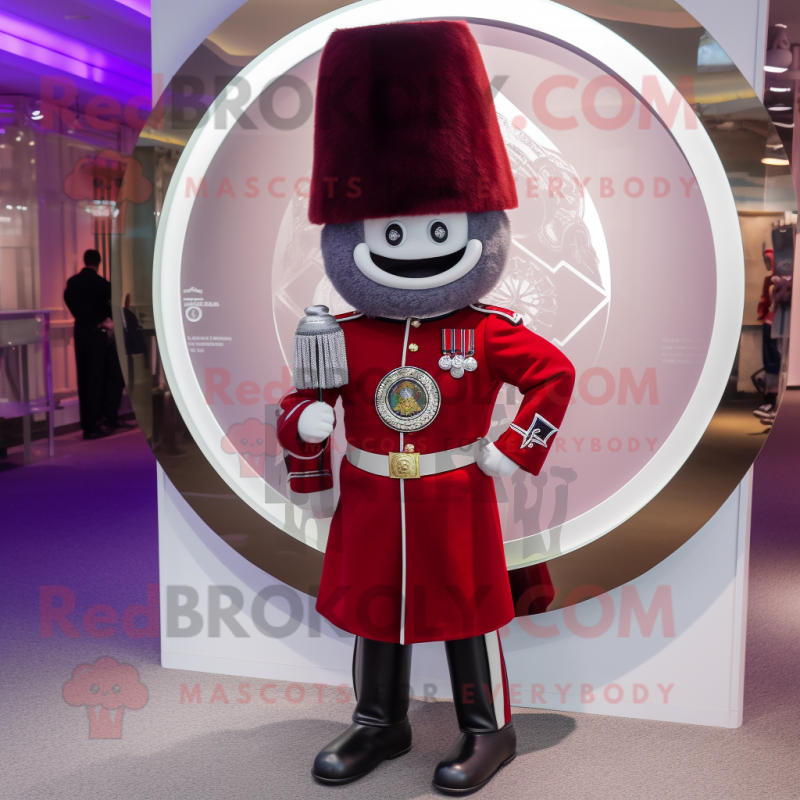 Maroon British Royal Guard mascot costume character dressed with a Circle Skirt and Earrings