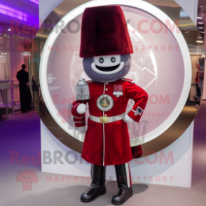 Maroon British Royal Guard mascot costume character dressed with a Circle Skirt and Earrings