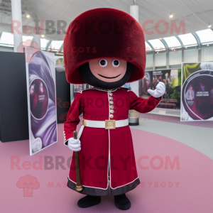 Maroon British Royal Guard mascot costume character dressed with a Circle Skirt and Earrings