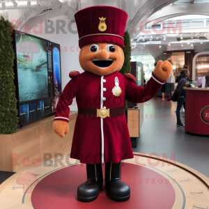 Maroon British Royal Guard mascot costume character dressed with a Circle Skirt and Earrings