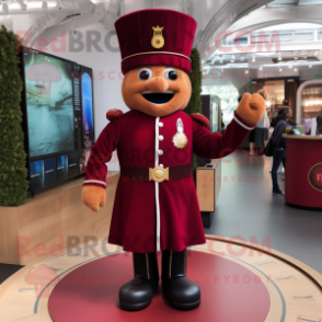 Maroon British Royal Guard mascot costume character dressed with a Circle Skirt and Earrings