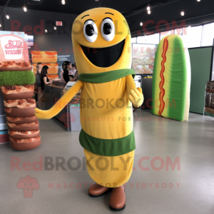Olive Hot Dog mascot costume character dressed with a Mini Dress and Suspenders