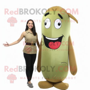 Olive Hot Dog mascot costume character dressed with a Mini Dress and Suspenders