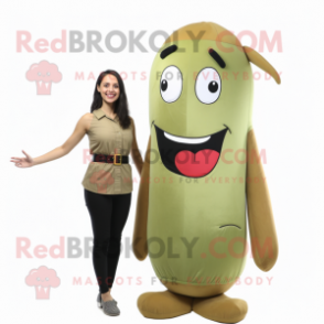Olive Hot Dog mascot costume character dressed with a Mini Dress and Suspenders