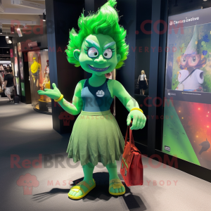 Green Fire Eater mascot costume character dressed with a Mini Skirt and Tote bags