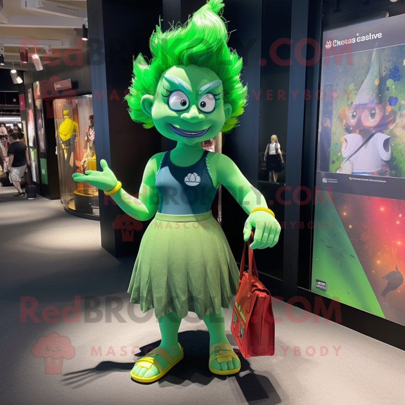 Green Fire Eater mascot costume character dressed with a Mini Skirt and Tote bags Green Fire Eater mascot costume character dressed with a Mini Skirt and Tote bags