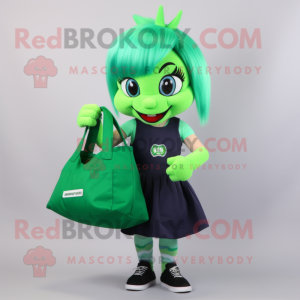 Green Fire Eater mascot costume character dressed with a Mini Skirt and Tote bags