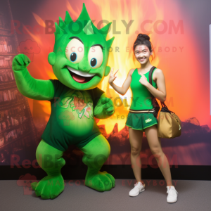 Green Fire Eater mascot costume character dressed with a Mini Skirt and Tote bags