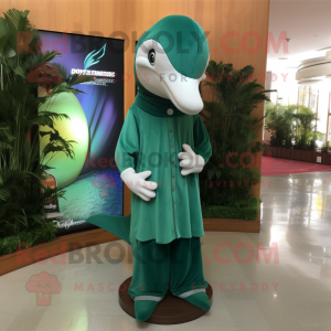 Forest Green Dolphin mascot costume character dressed with a Empire Waist Dress and Watches