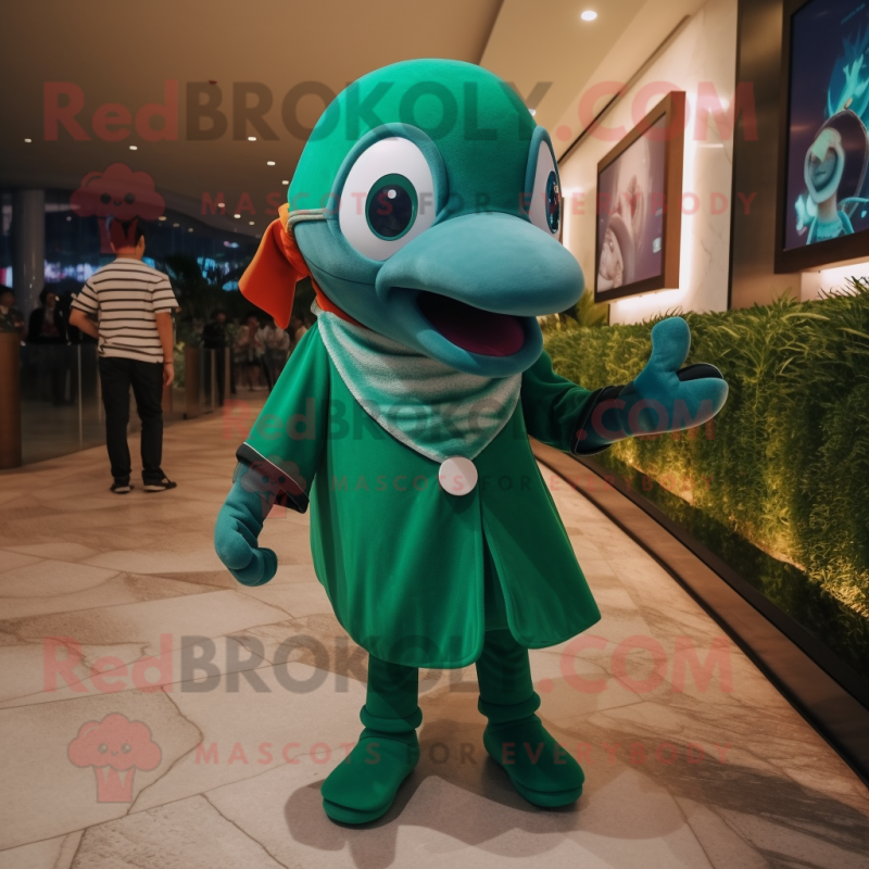 Forest Green Dolphin mascot costume character dressed with a Empire Waist Dress and Watches