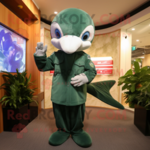 Forest Green Dolphin mascot costume character dressed with a Empire Waist Dress and Watches