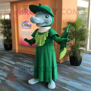 Forest Green Dolphin mascot costume character dressed with a Empire Waist Dress and Watches