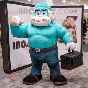 Teal Strongman mascot costume character dressed with a Poplin Shirt and Briefcases