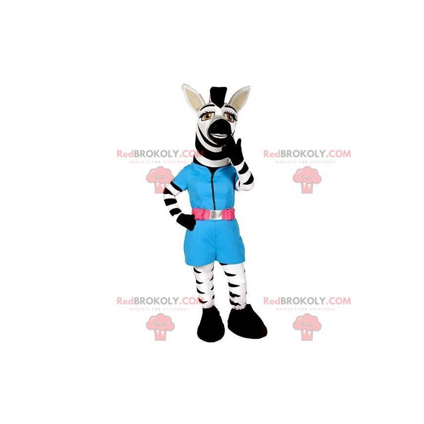 Mascote zebra branco e preto com uma roupa azul - Redbrokoly.com