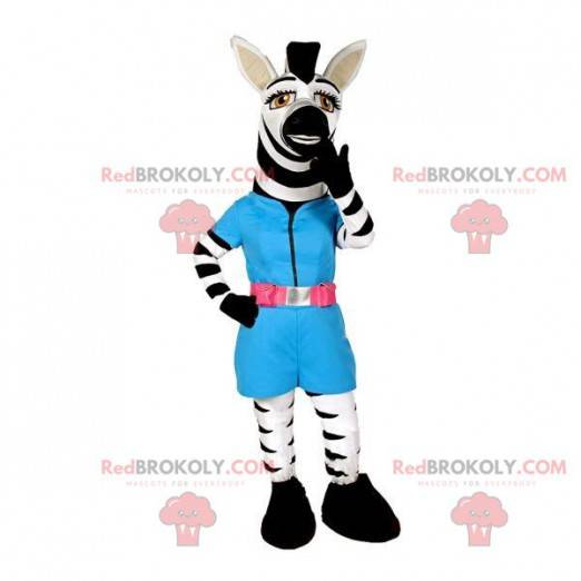 Mascote zebra branco e preto com uma roupa azul - Redbrokoly.com