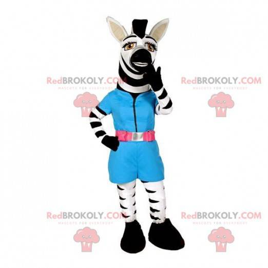 White and black zebra mascot with a blue outfit - Redbrokoly.com