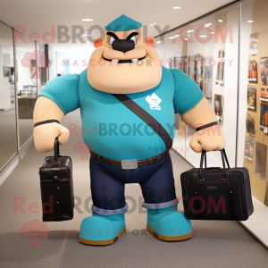 Teal Strongman mascot costume character dressed with a Poplin Shirt and Briefcases