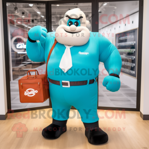 Teal Strongman mascot costume character dressed with a Poplin Shirt and Briefcases