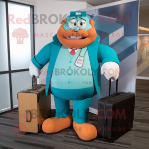 Teal Strongman mascot costume character dressed with a Poplin Shirt and Briefcases