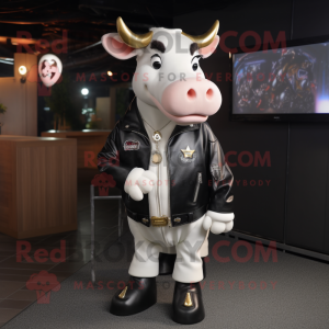 Cream Cow mascot costume character dressed with a Leather Jacket and Keychains