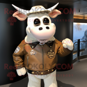 Cream Cow mascot costume character dressed with a Leather Jacket and Keychains